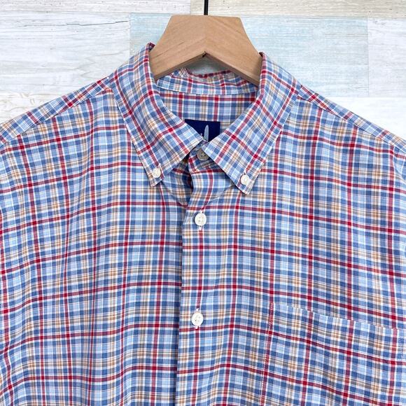 Johnnie O Woven Button Down Shirt Blue Red Plaid Long Sleeve Casual Mens Medium - Picture 2 of 5
